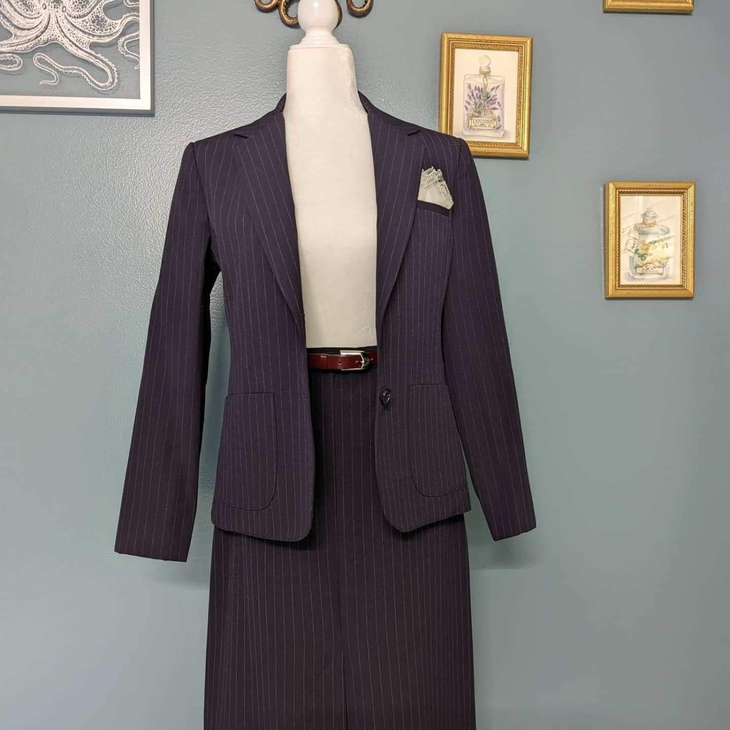 70s Russ Togs Pinstripe Suit Skirt and Jacket with Belt