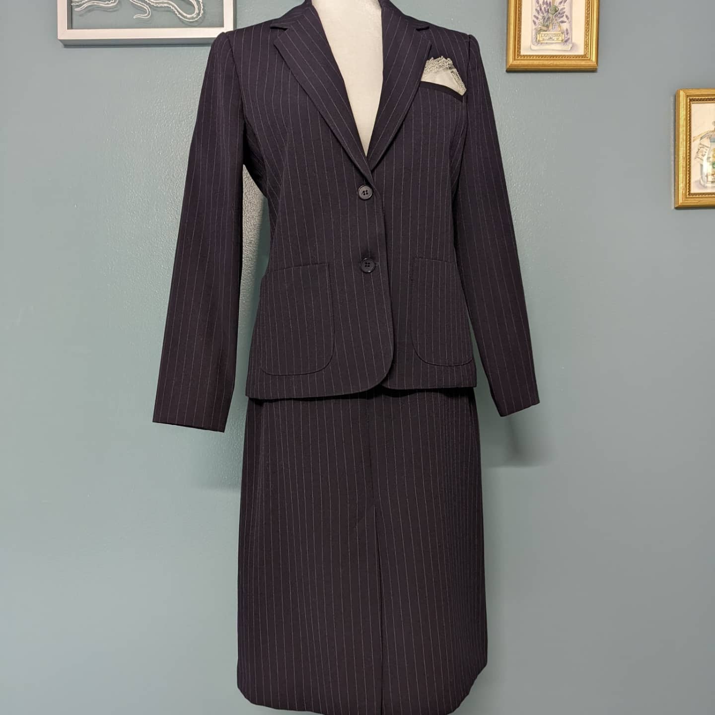 70s Russ Togs Pinstripe Suit Skirt and Jacket with Belt