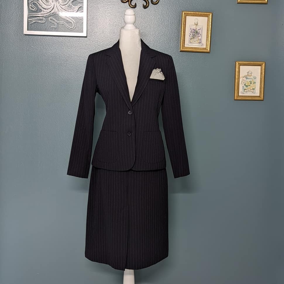 70s Russ Togs Pinstripe Suit Skirt and Jacket with Belt