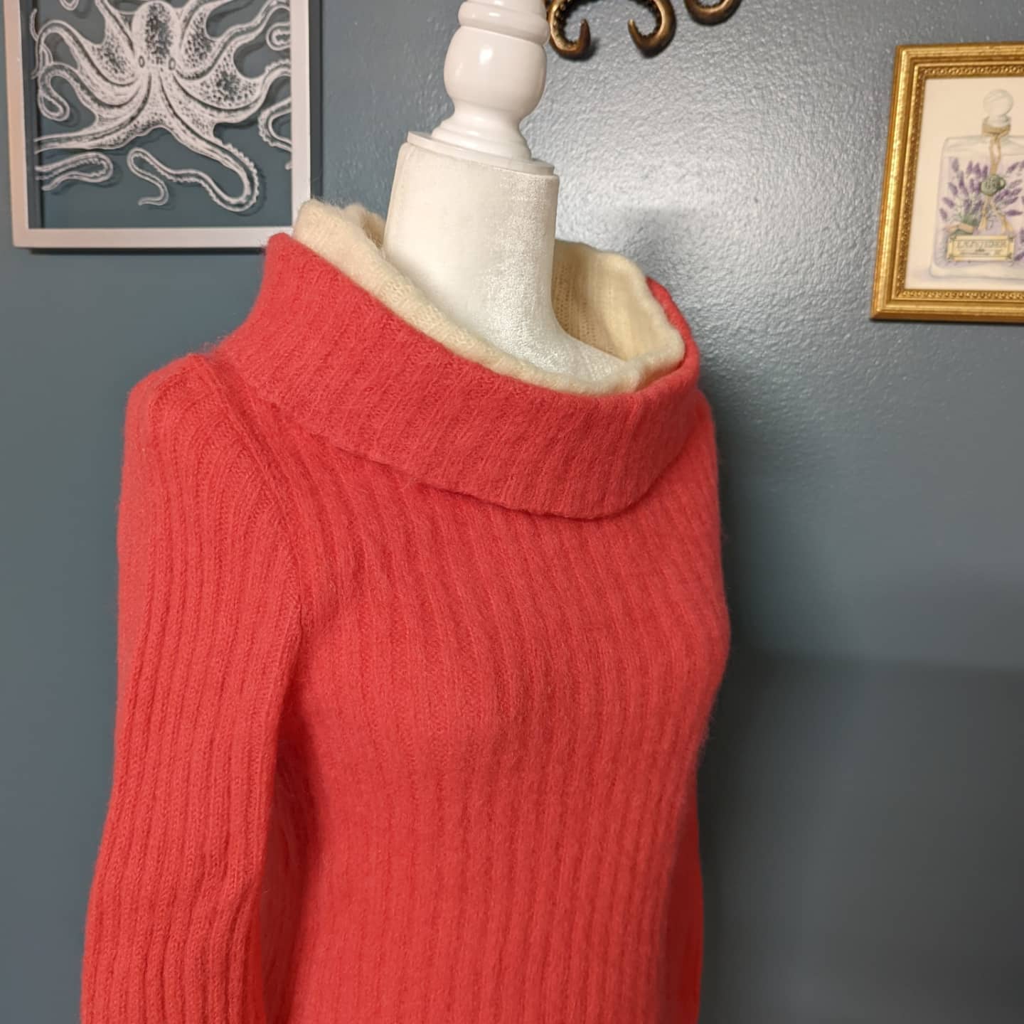 50s Yours Casually by Select Sportswear Watermelon Pink and Cream Wool Sweater