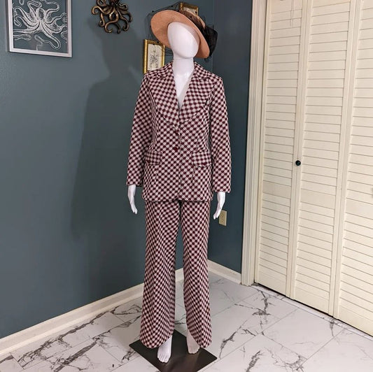 1970s Junior Way Brick and Cream Shepherd's Check Leisure Suit