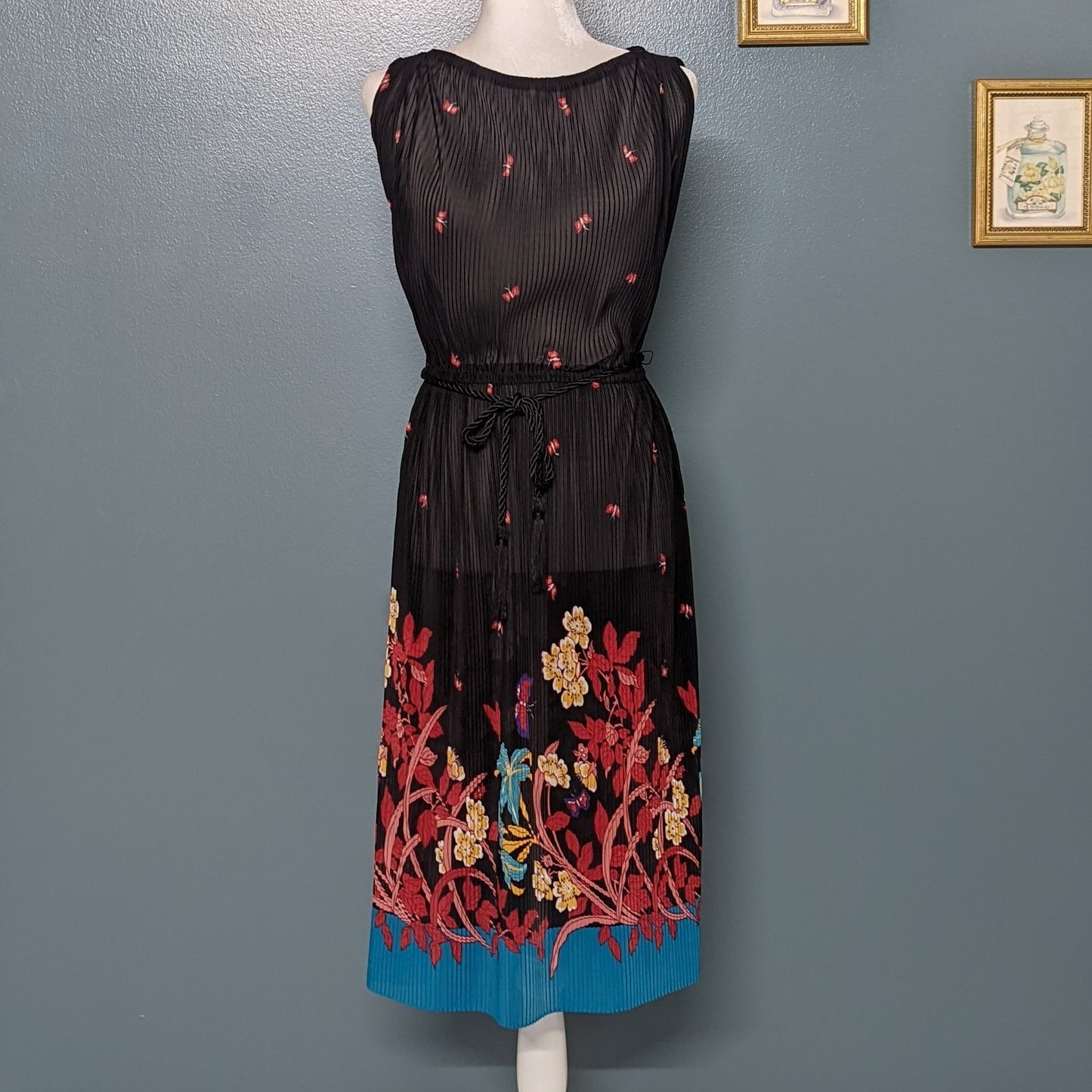 60s 70s JCPENNEY boho black and bright floral tassel tie waist dress