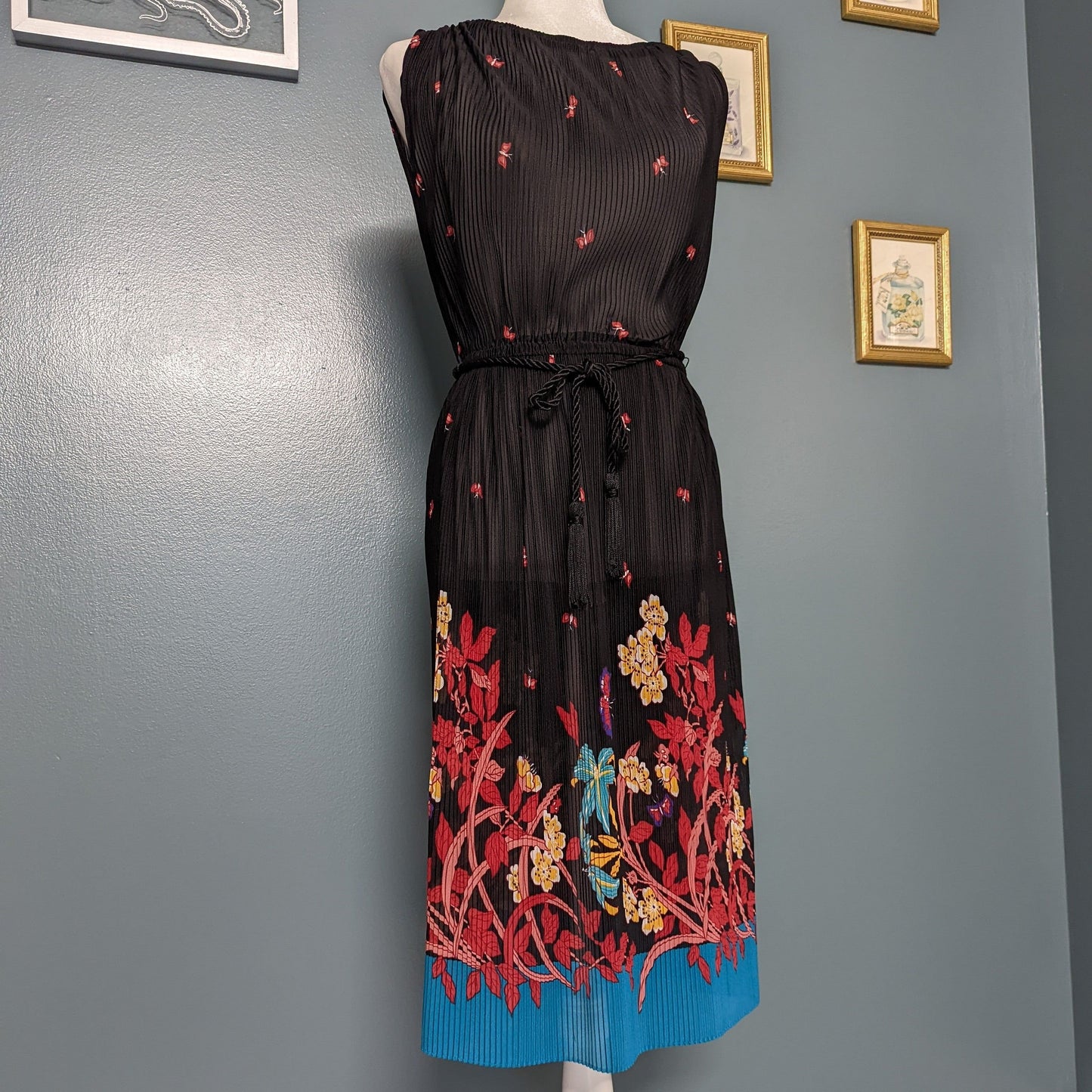 60s 70s JCPENNEY boho black and bright floral tassel tie waist dress