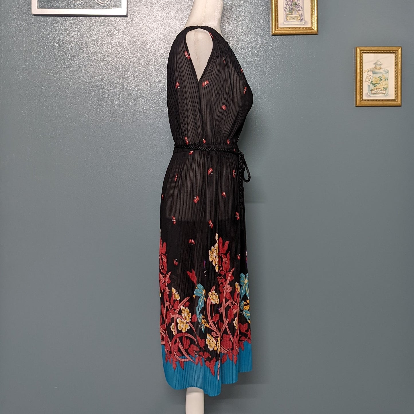 60s 70s JCPENNEY boho black and bright floral tassel tie waist dress