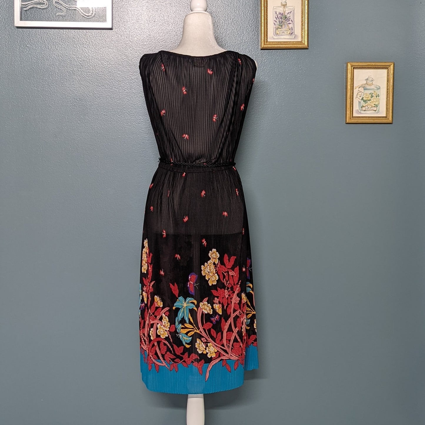 60s 70s JCPENNEY boho black and bright floral tassel tie waist dress