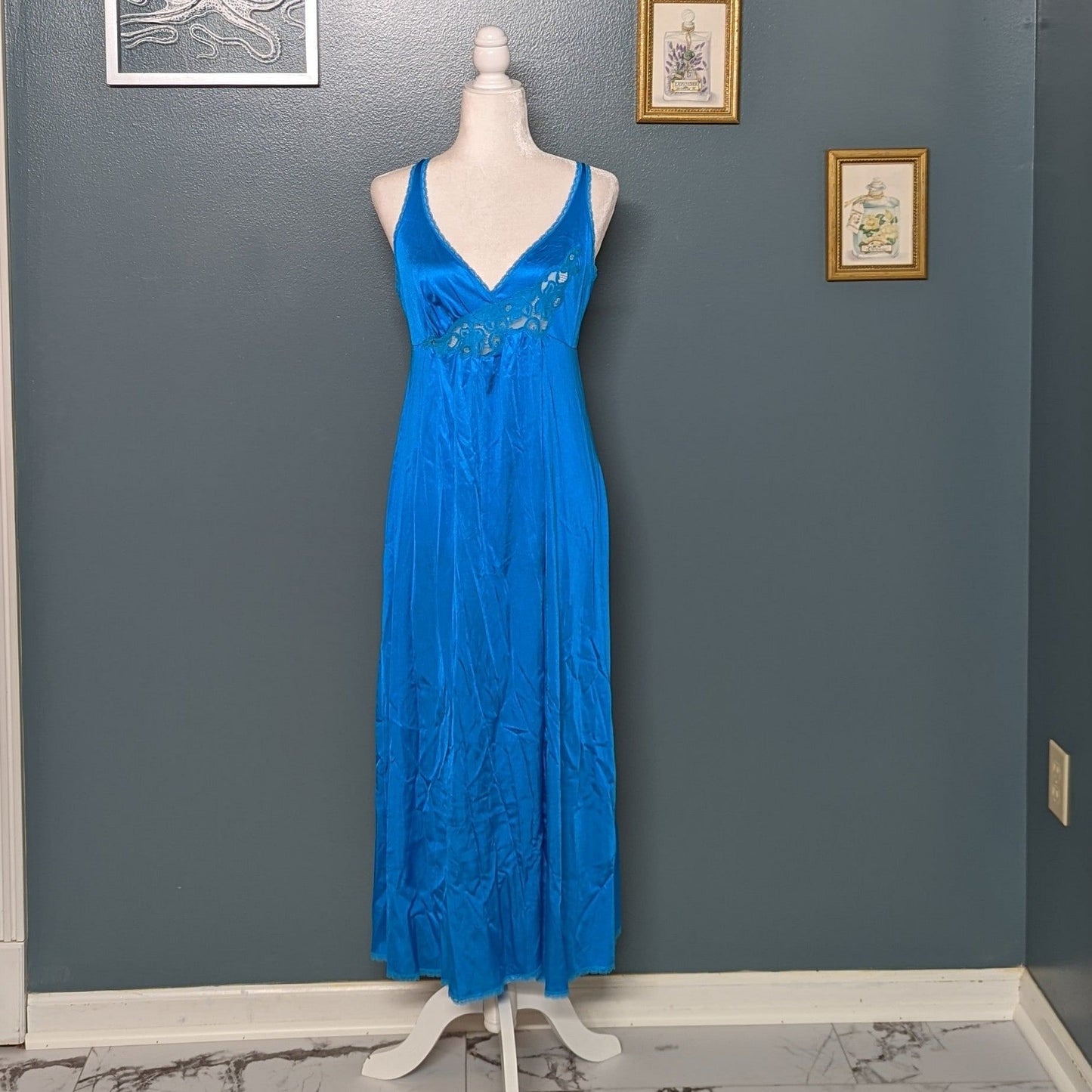 1970s Vanity Fair Luxe Nightgown Bright Teal with Lace and Leg Split