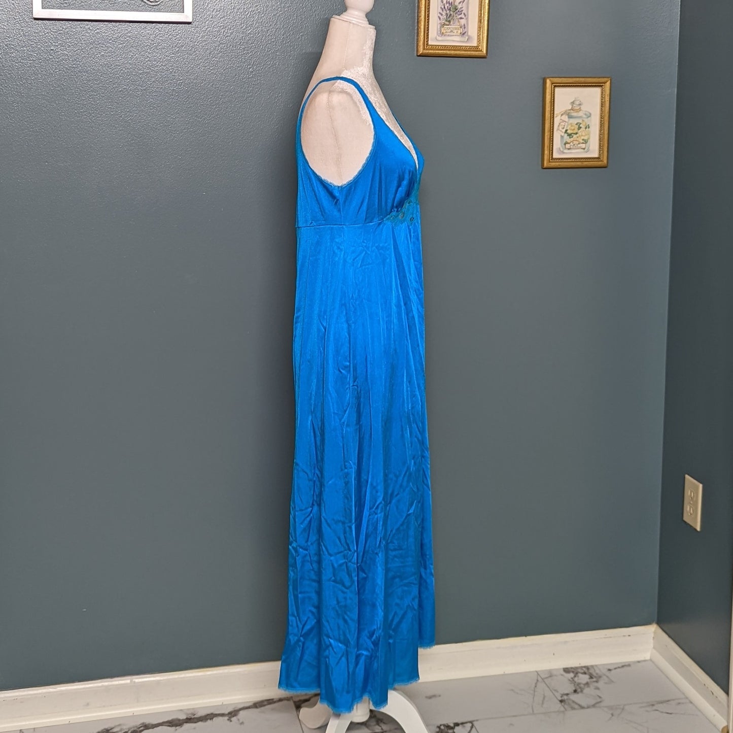 1970s Vanity Fair Luxe Nightgown Bright Teal with Lace and Leg Split