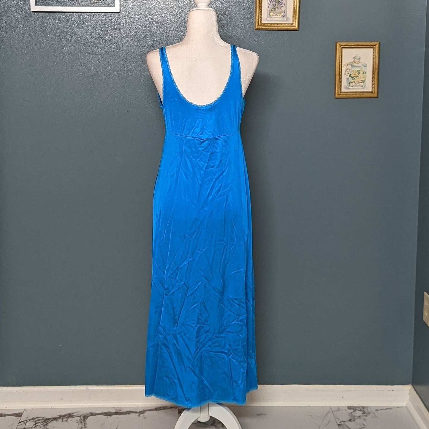 1970s Vanity Fair Luxe Nightgown Bright Teal with Lace and Leg Split