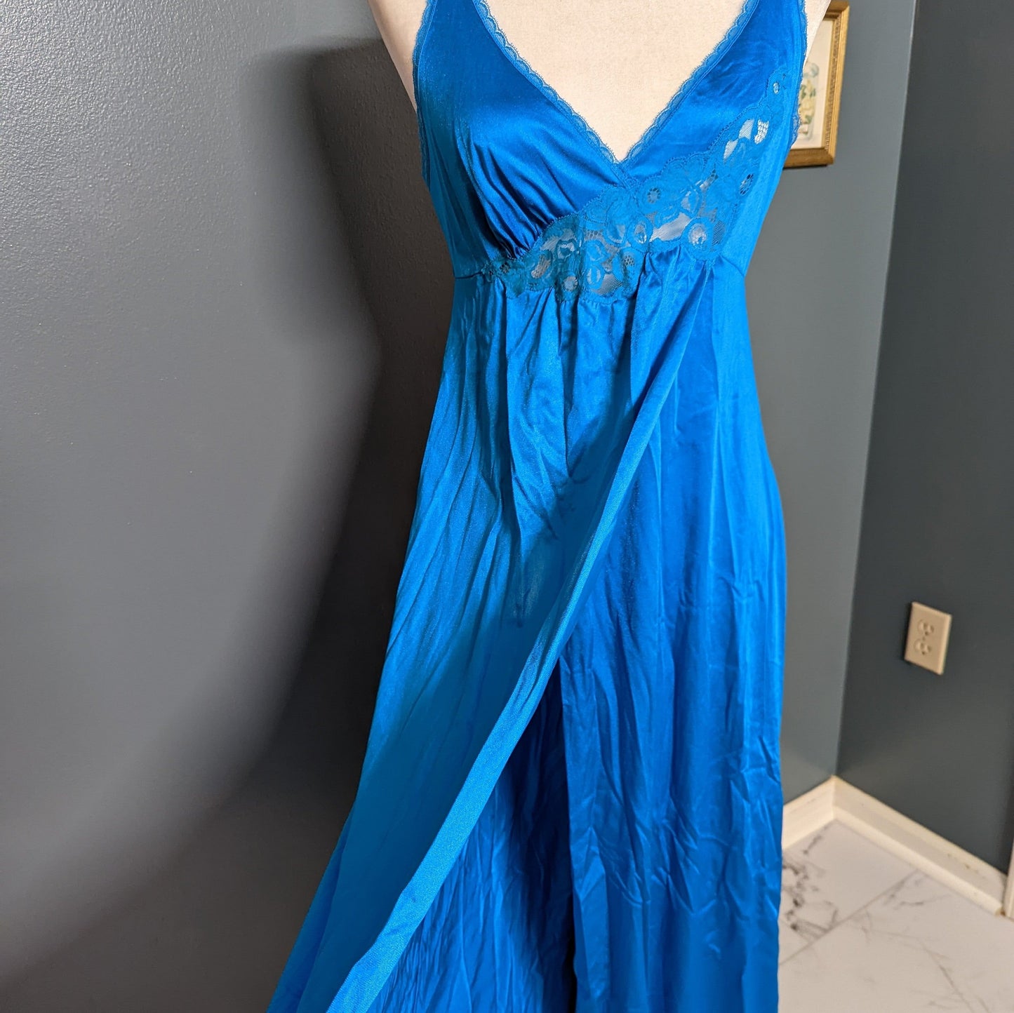 1970s Vanity Fair Luxe Nightgown Bright Teal with Lace and Leg Split