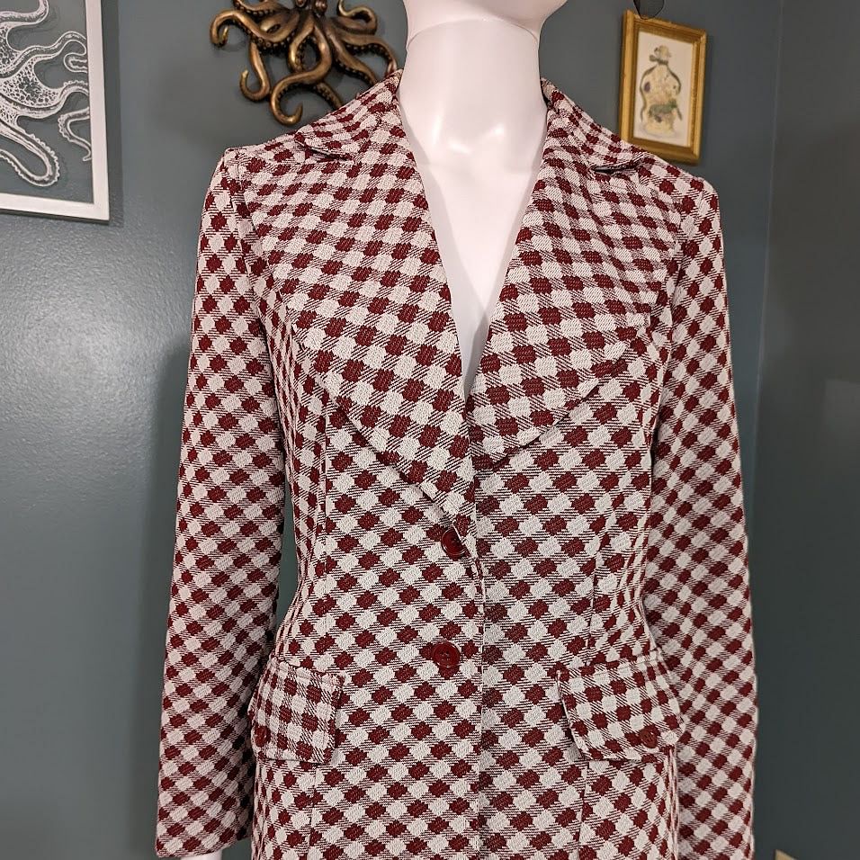 1970s Junior Way Brick and Cream Shepherd's Check Leisure Suit