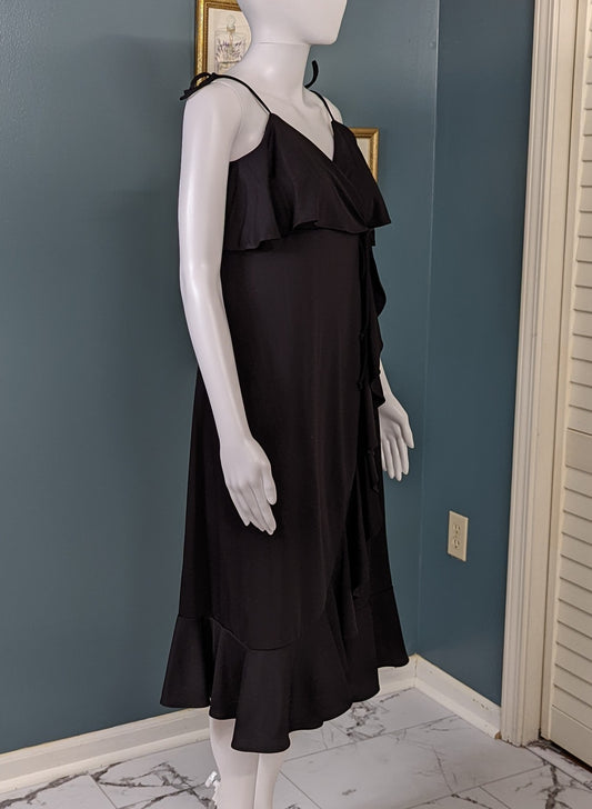 70s JCPENNEY Wrap Dress LBD w/ Cape Shoulders & Ruffle Hem