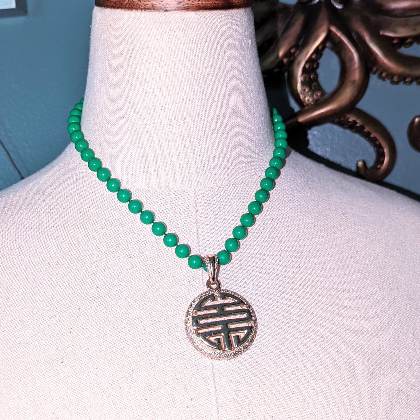 Sarah Coventry Good Luck Pendant on Jade Green Beads