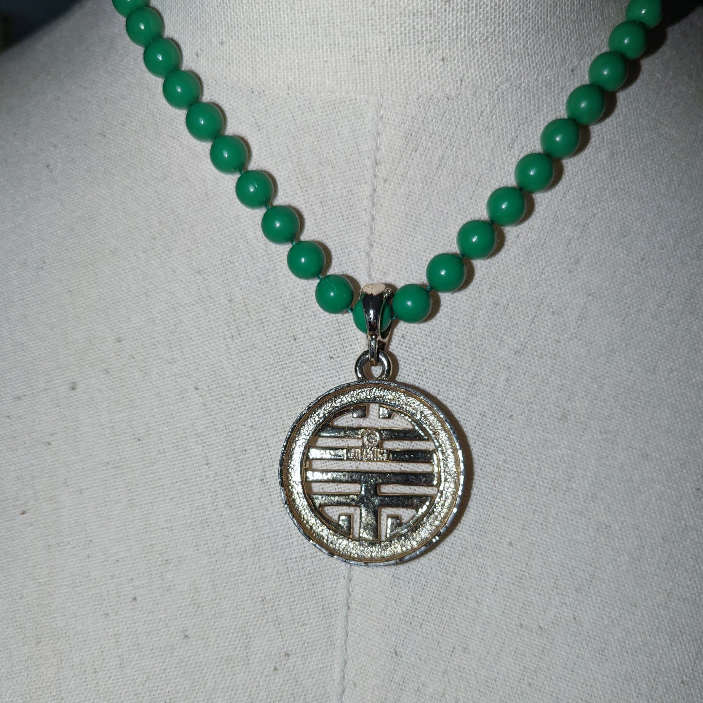 Sarah Coventry Good Luck Pendant on Jade Green Beads