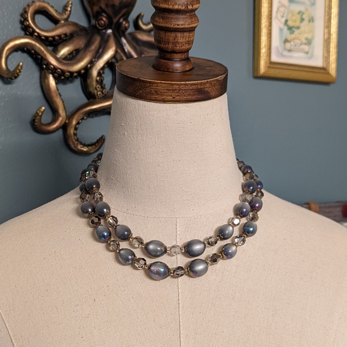 Marvella AB Lucite Moonglow Blue Beaded Double Strand Necklace