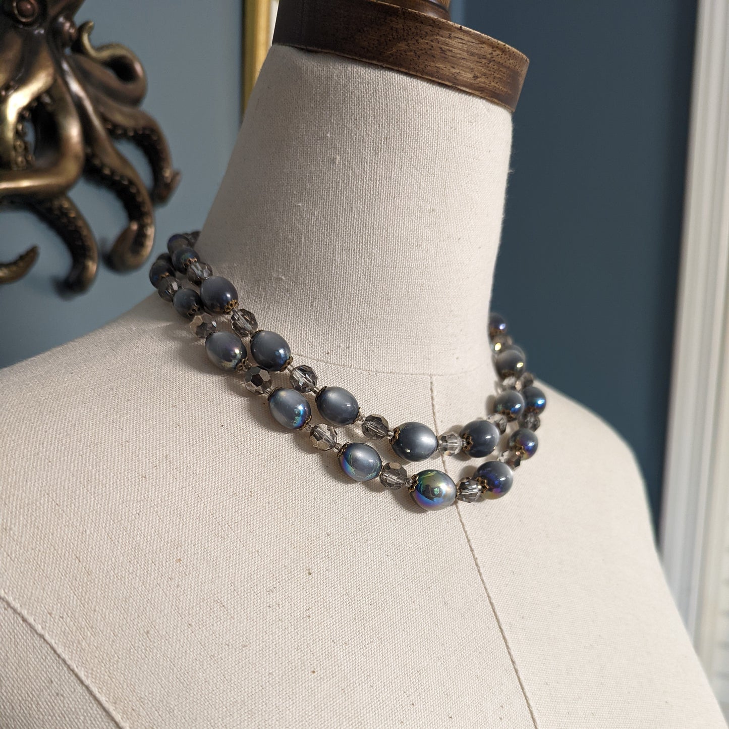 Marvella AB Lucite Moonglow Blue Beaded Double Strand Necklace