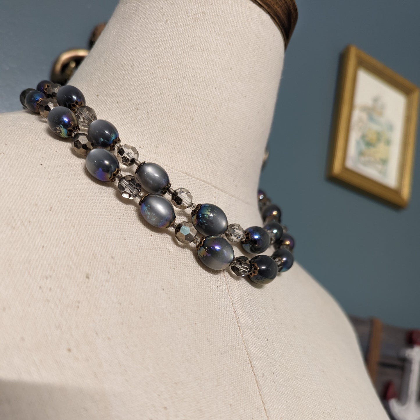 Marvella AB Lucite Moonglow Blue Beaded Double Strand Necklace