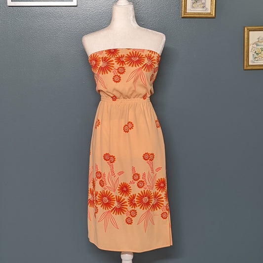 70's Alfred Shaheen Orange Floral Hawaiian Strapless Tube Dress